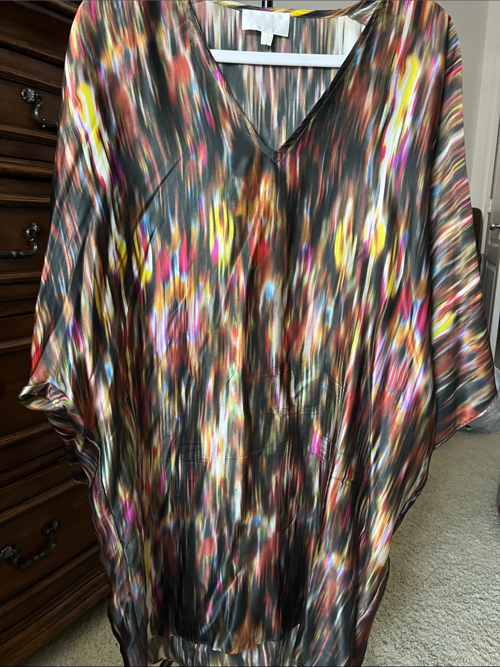 Alexis Multicolor Abstract V-Neck Tunic — Brown, Pink, Yellow, Blue